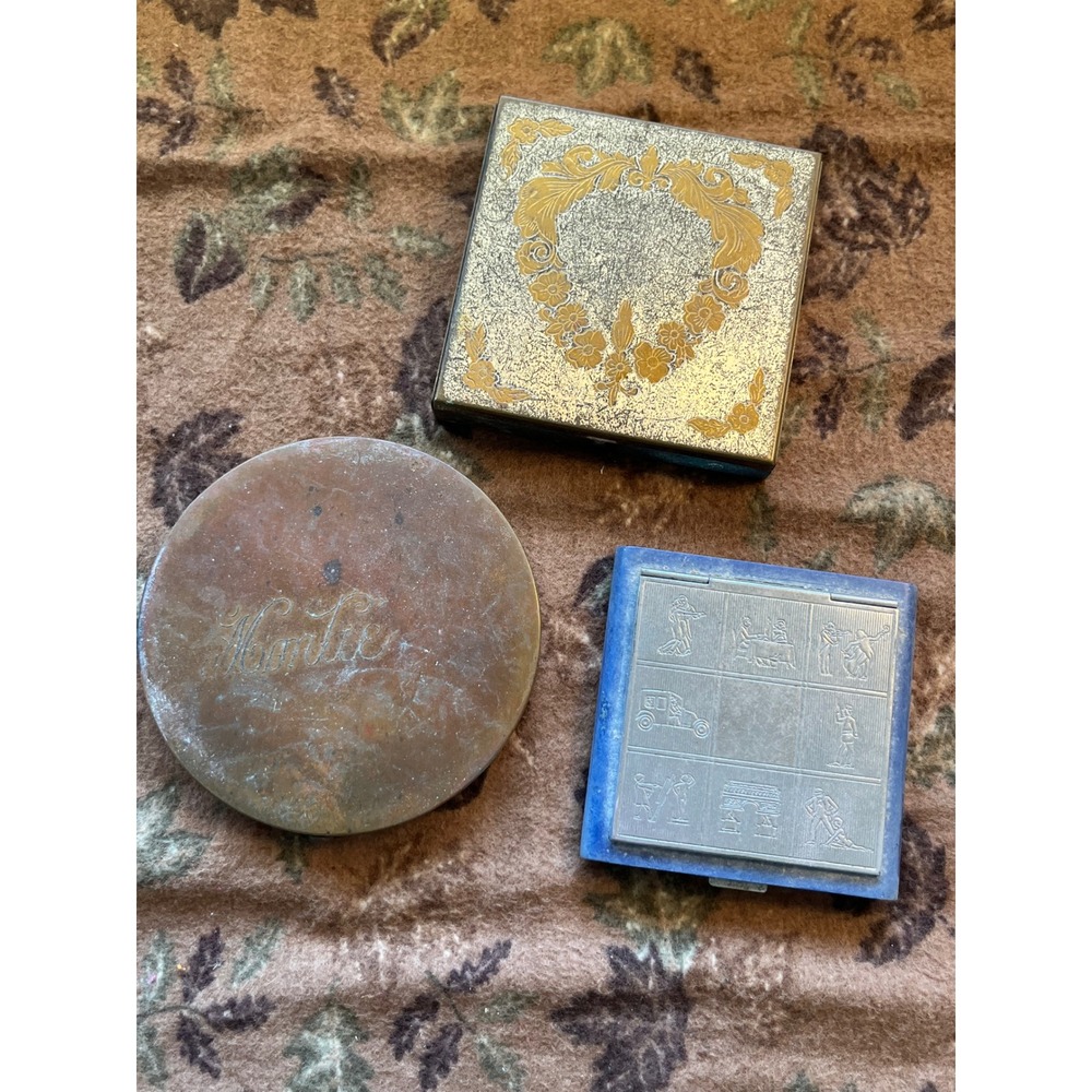 Compact Lot Evening in Paris Floral Gold Tone Brass Vanity Makeup Cases Vintage